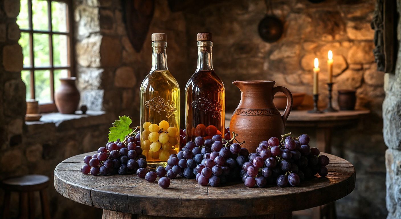 A rustic wooden table in a cozy Georgian tavern holds two clear glass bottles—one filled with golden chacha and the other with amber arkhi—surrounded by clusters of ripe purple grapes and a clay pitcher, with warm candlelight casting soft shadows on the stone walls.