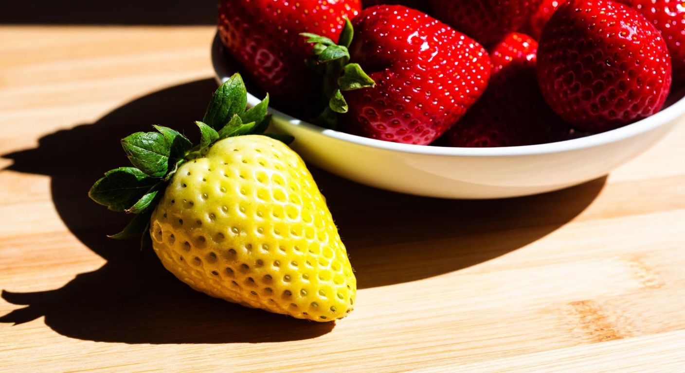 A vibrant yellow strawberry rests on a wooden table beside a bowl of red strawberries, with sunlight highlighting their glossy surfaces and fresh green leaves.