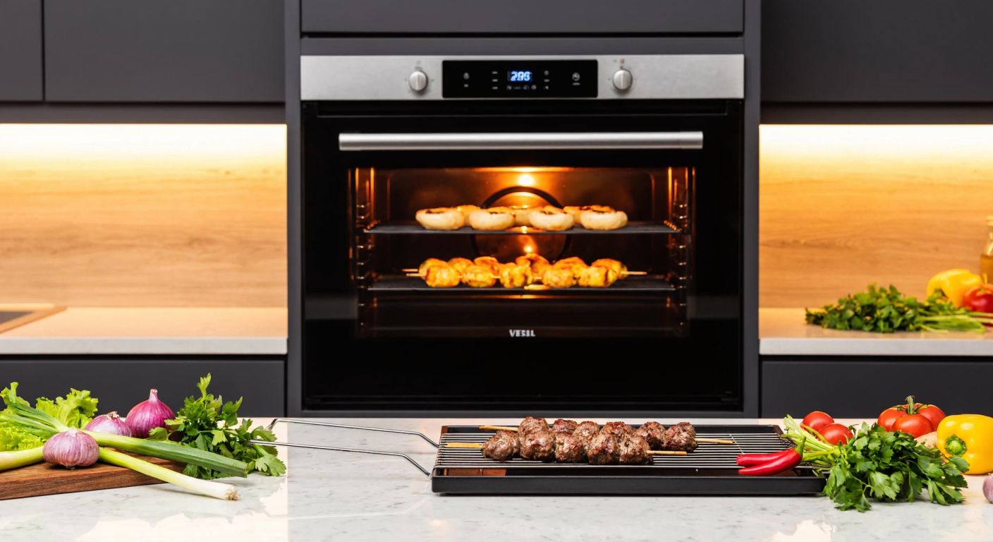 A modern Turkish kitchen with a sleek Vestel built-in oven, its interior glowing warmly as a metal grill rack holds sizzling kebabs, surrounded by fresh vegetables and herbs on a marble countertop.