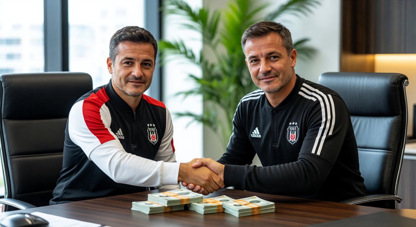 A determined-looking French football coach in a Beşiktaş jersey shakes hands with a club executive in an office, with a symbolic stack of Euro banknotes on the table between them, reflecting a tense yet resolved negotiation.