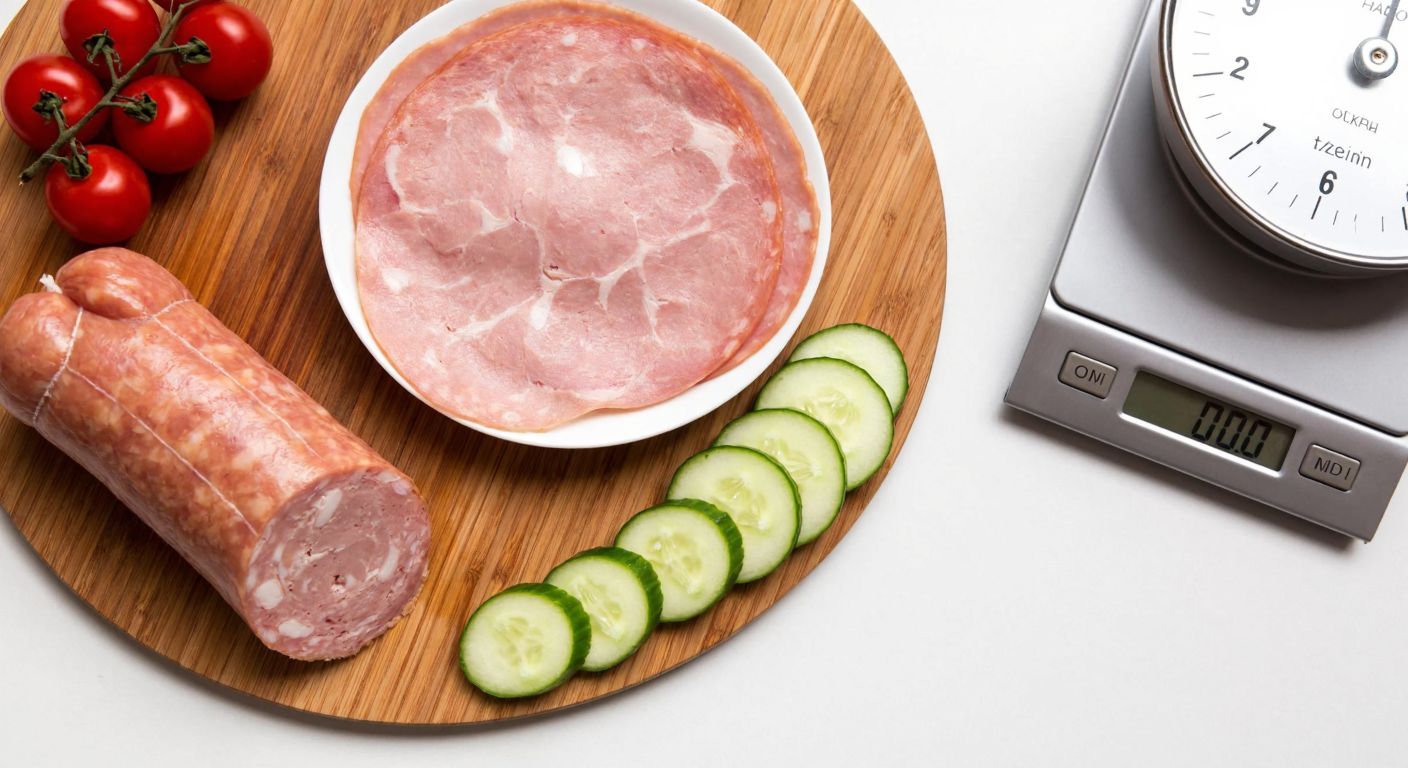 A neatly arranged plate of thinly sliced turkey salami on a wooden cutting board, with a small kitchen scale nearby and fresh vegetables like cherry tomatoes and cucumber slices, evoking a balanced and mindful approach to dieting.
