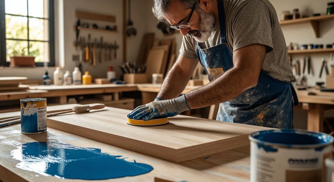 A craftsman in a well-lit Turkish workshop carefully sanding a smooth oak MDF panel, with a paintbrush, primer can, and glossy blue paint nearby on a wooden table.