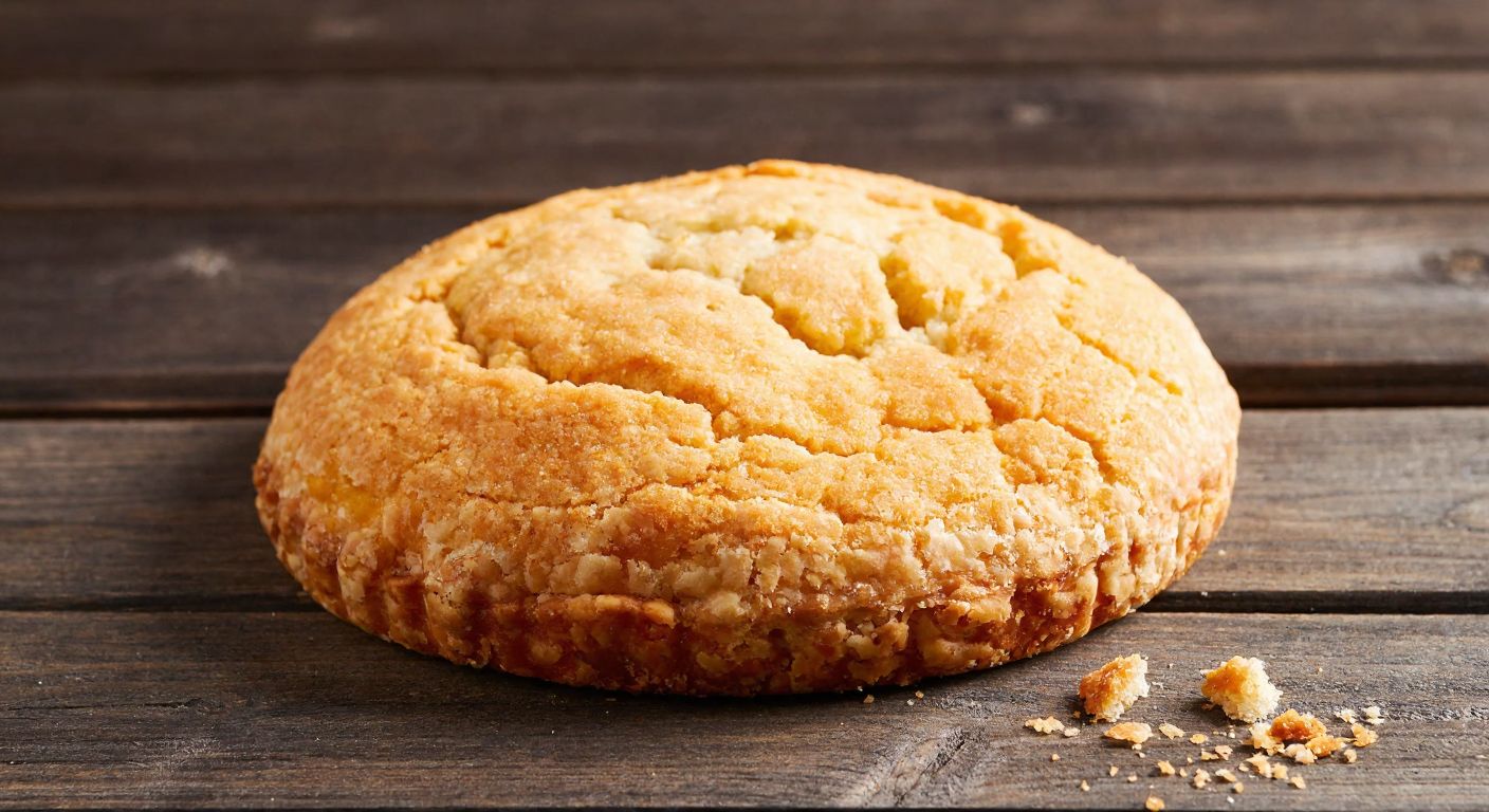 A golden-brown, crumbly dry pastry from Tatbak, placed on a rustic wooden table with a few loose crumbs scattered around, evoking a melt-in-your-mouth texture.