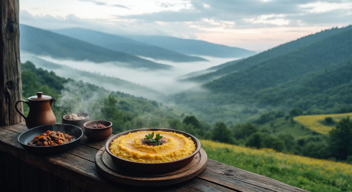 A steaming plate of **xalaşka**, a traditional cornmeal dish, sits on a rustic wooden table overlooking the misty green hills of the Black Sea region, with a warm, inviting glow from a nearby hearth.