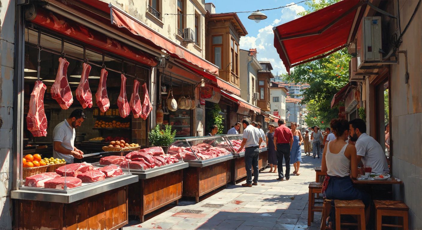 A bustling Turkish butcher shop with fresh cuts of meat displayed in glass cases, set in a vibrant urban neighborhood with customers chatting outside under a sunny sky.
