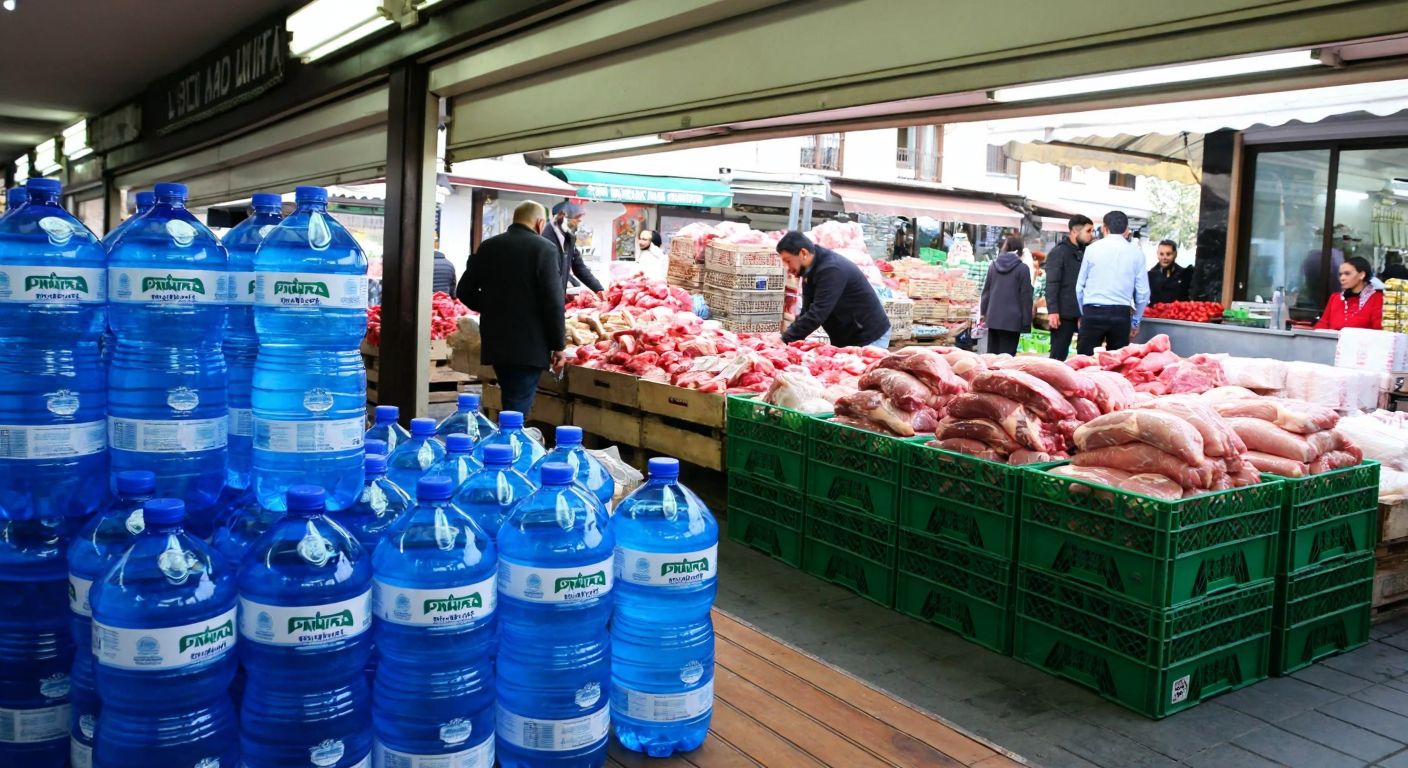 A bustling Turkish marketplace with stacks of Pınar Su water bottles beside crates of fresh Pınar Et meat products, surrounded by vendors and customers engaged in lively trade.