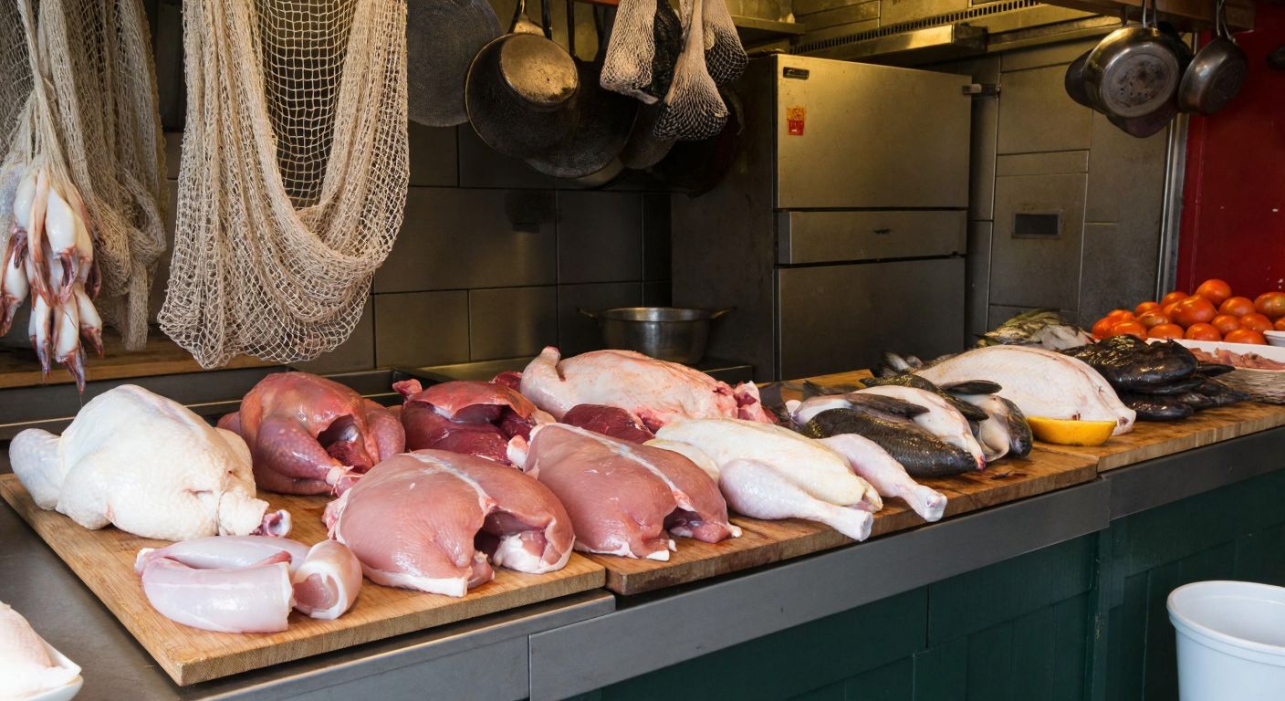 A rustic Turkish kitchen counter displays fresh cuts of chicken, turkey, and fish alongside whole ducks and geese, with a fisherman’s net draped nearby holding crabs and squid.