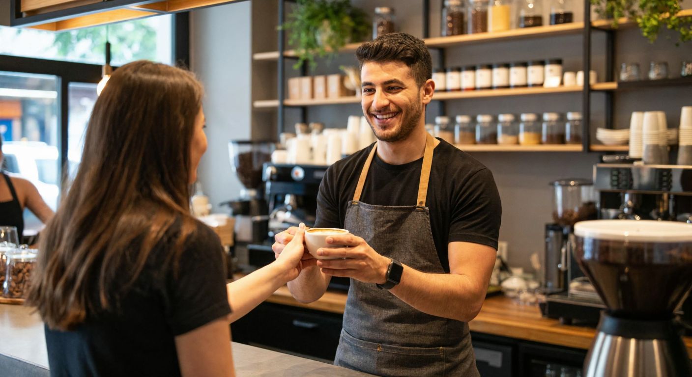 A smiling barista in a modern Turkish café hands a steaming cup of coffee to a delighted customer, with shelves of coffee beans and a cozy event space in the background.