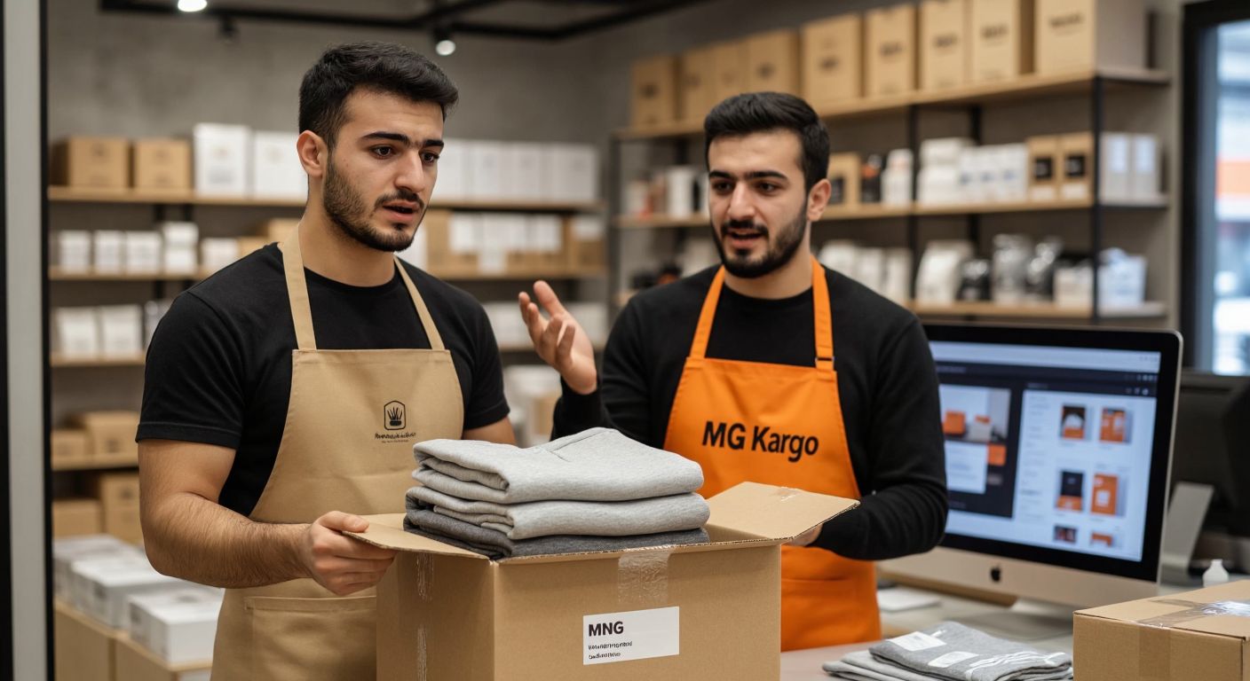A Turkish customer holding a neatly folded clothing item with a slight frown, standing near an open cardboard return package with an MNG Kargo label visible, while a shop employee in a branded Madmext apron gestures reassuringly toward a computer screen displaying an order page.