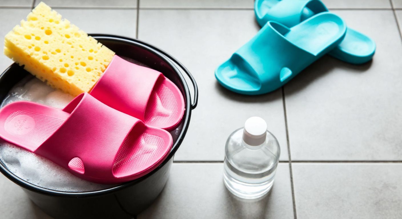 A pair of colorful plastic bathroom slippers sits in a soapy bucket of warm water, with a sponge and a small bottle of white vinegar nearby on a tiled bathroom floor.