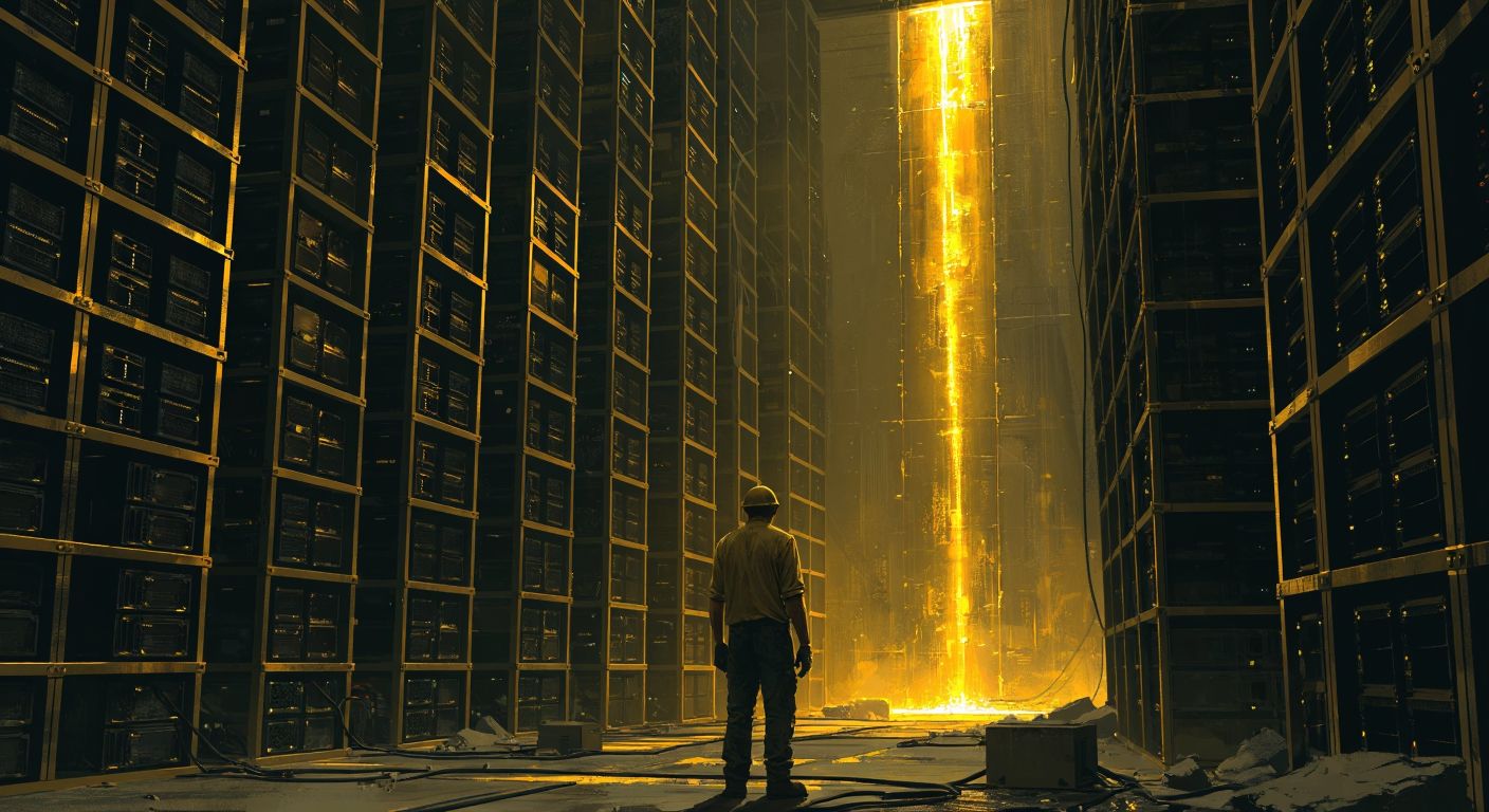 A lone miner in a dimly lit room, surrounded by towering stacks of mining hardware, sweating under the strain of uncertainty while a faint golden glow hints at a distant, elusive reward.