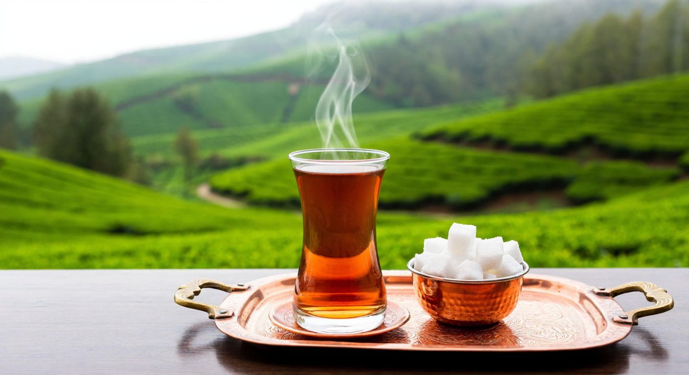 A steaming glass of amber-colored Çaykur Kamelya tea sits on a traditional Turkish copper tray beside a small bowl of sugar cubes, with a lush green tea plantation stretching into the misty hills in the background.