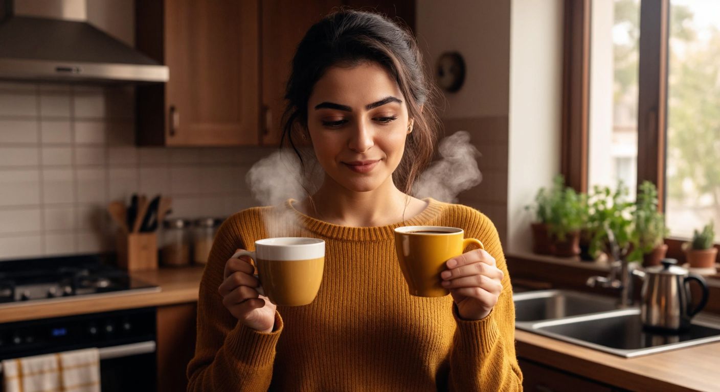 A Turkish woman in a cozy kitchen holds a steaming cup of Nescafé Gold in one hand and a freshly brewed filter coffee in the other, with a curious yet satisfied expression as she compares their aromas.
