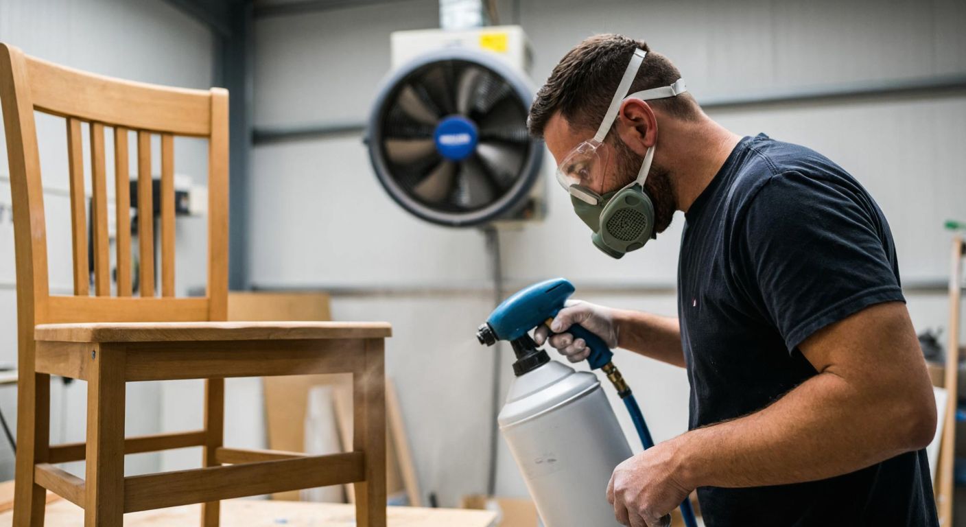 A worker in a well-ventilated workshop wearing a respirator mask while carefully spray-painting a wooden chair, with an exhaust fan humming in the background.