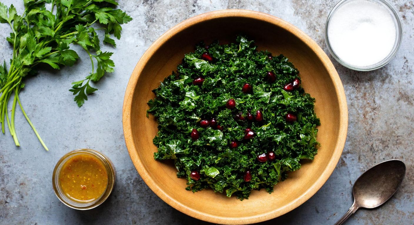 A rustic wooden bowl filled with finely chopped dark green kale, drizzled with glossy olive oil and deep red pomegranate molasses, surrounded by fresh parsley sprigs, a small jar of mustard, and a spoonful of sugar on a weathered stone countertop.