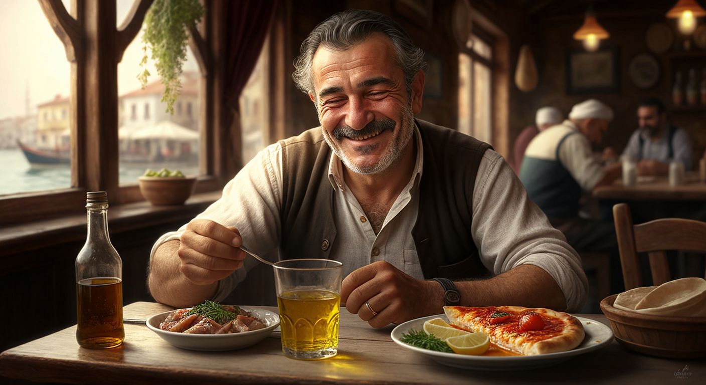 A weathered Turkish man in a cozy tavern, smiling as he holds a small spoon of golden olive oil near a glass of clear rakı, with a plate of meze in the background.
