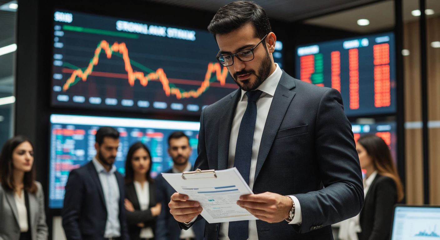 A confident Turkish businessman in a sharp suit stands in a modern office, reviewing financial documents with a team of professionals, while a stock market ticker board glows in the background.