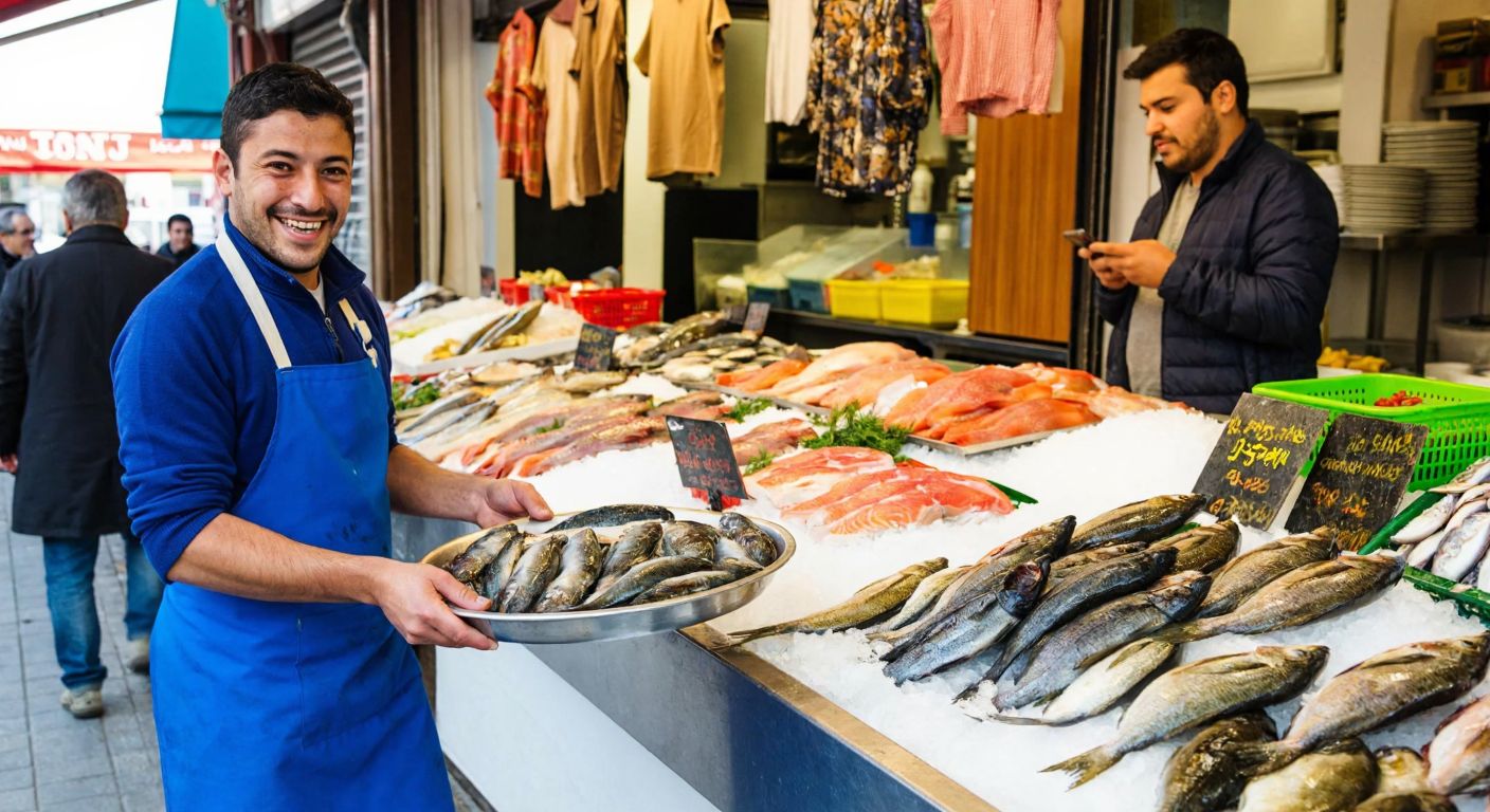 A vibrant Turkish fish market stall with fresh seafood on ice, a smiling vendor in an apron holding a tray of glistening fish, and a customer browsing on a smartphone in the background.