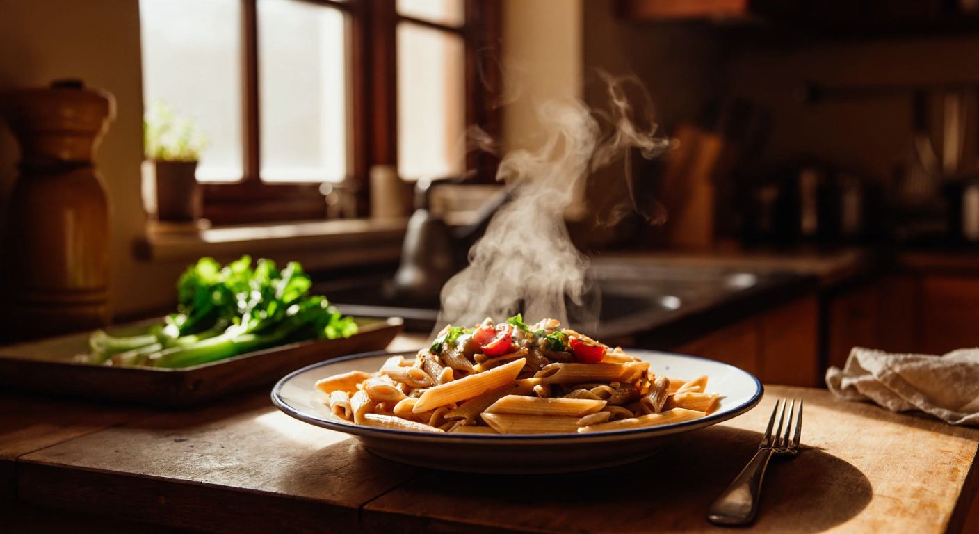 A steaming plate of whole wheat pasta with a side of fresh vegetables, placed on a rustic wooden table in a cozy Turkish kitchen, with warm sunlight filtering through the window.