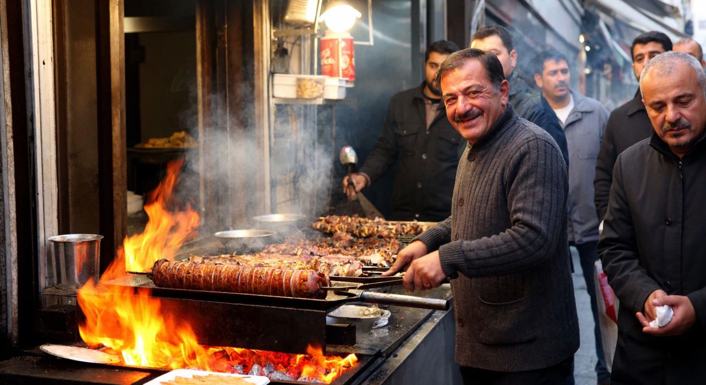 A bustling street food stall in Istanbul, with a smiling middle-aged man (Yüksel Bilgen) grilling sizzling kokoreç on a skewer over glowing embers, surrounded by eager customers and the smoky aroma of spices.