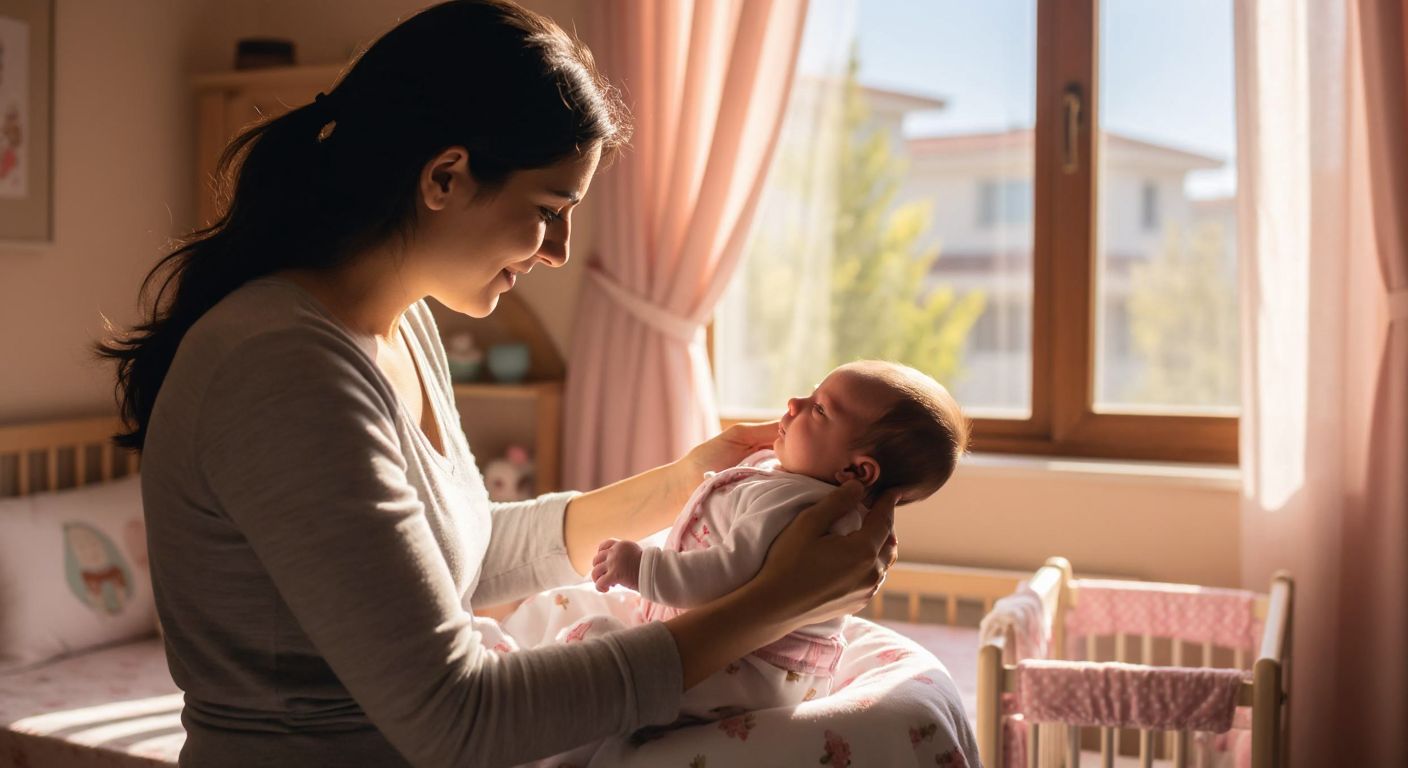 A Turkish mother gently cradles her newborn in a cozy, sunlit nursery, carefully fastening a soft white diaper with pink floral patterns around the baby’s tiny waist.