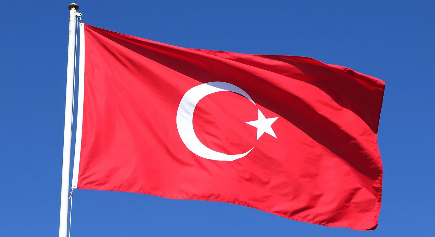 A vibrant Turkish flag made of durable polyester fabric flutters proudly against a clear blue sky, its red and white colors bold and unfaded despite strong winds.