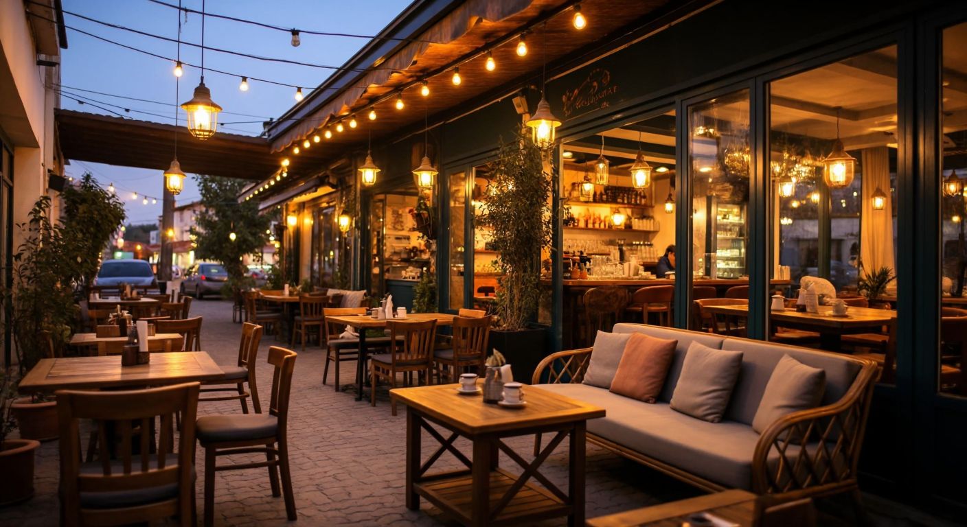 A cozy café terrace with warm lighting in Gönen, Balıkesir, and a stylish lounge with plush seating in Tire, İzmir, both bustling with cheerful locals enjoying Turkish tea and conversation.