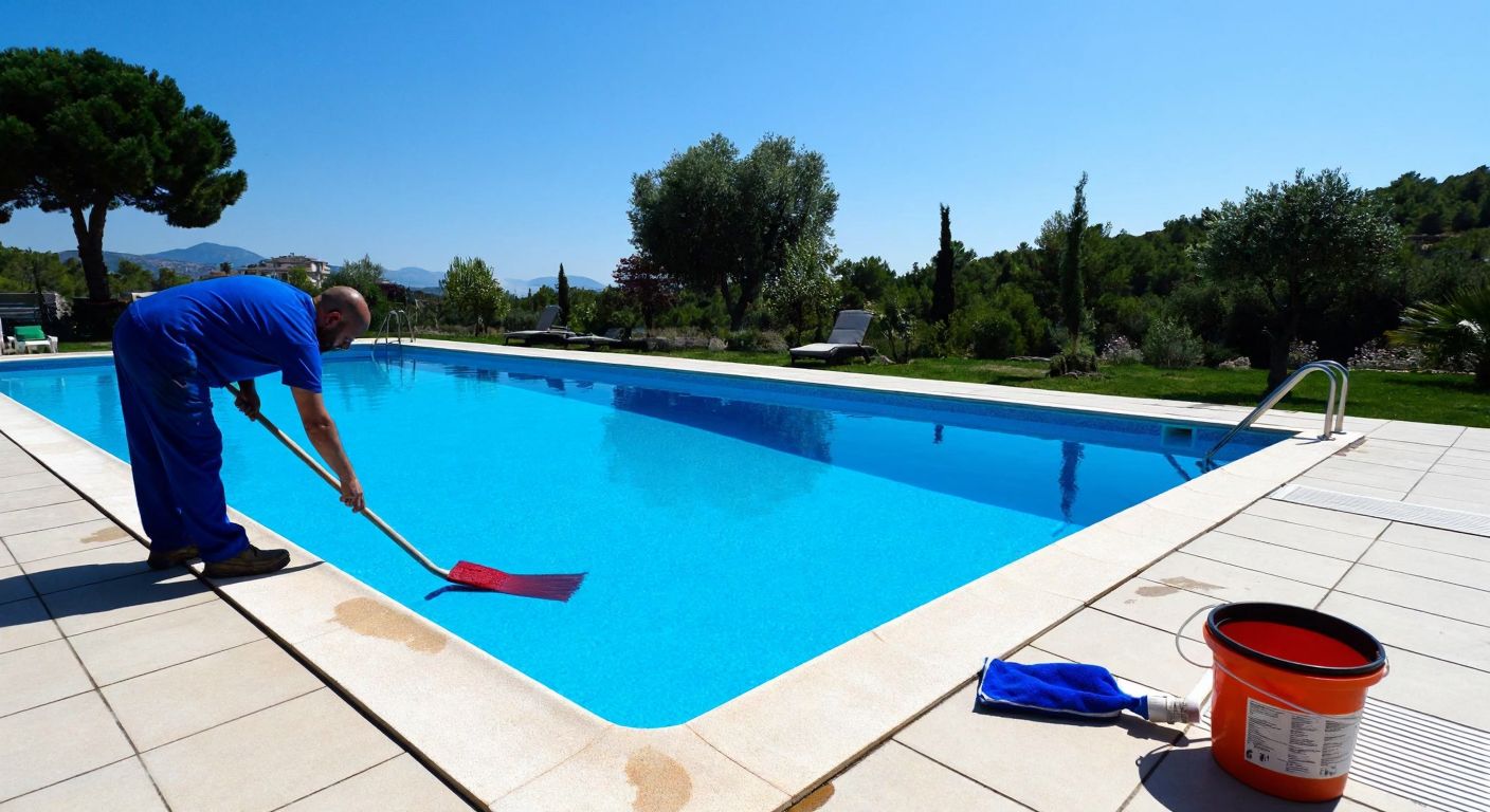 A sunlit outdoor swimming pool in Turkey with a worker in blue overalls scrubbing the tiles, while another empties a bucket of cleaning supplies nearby, surrounded by lush greenery and a clear blue sky.