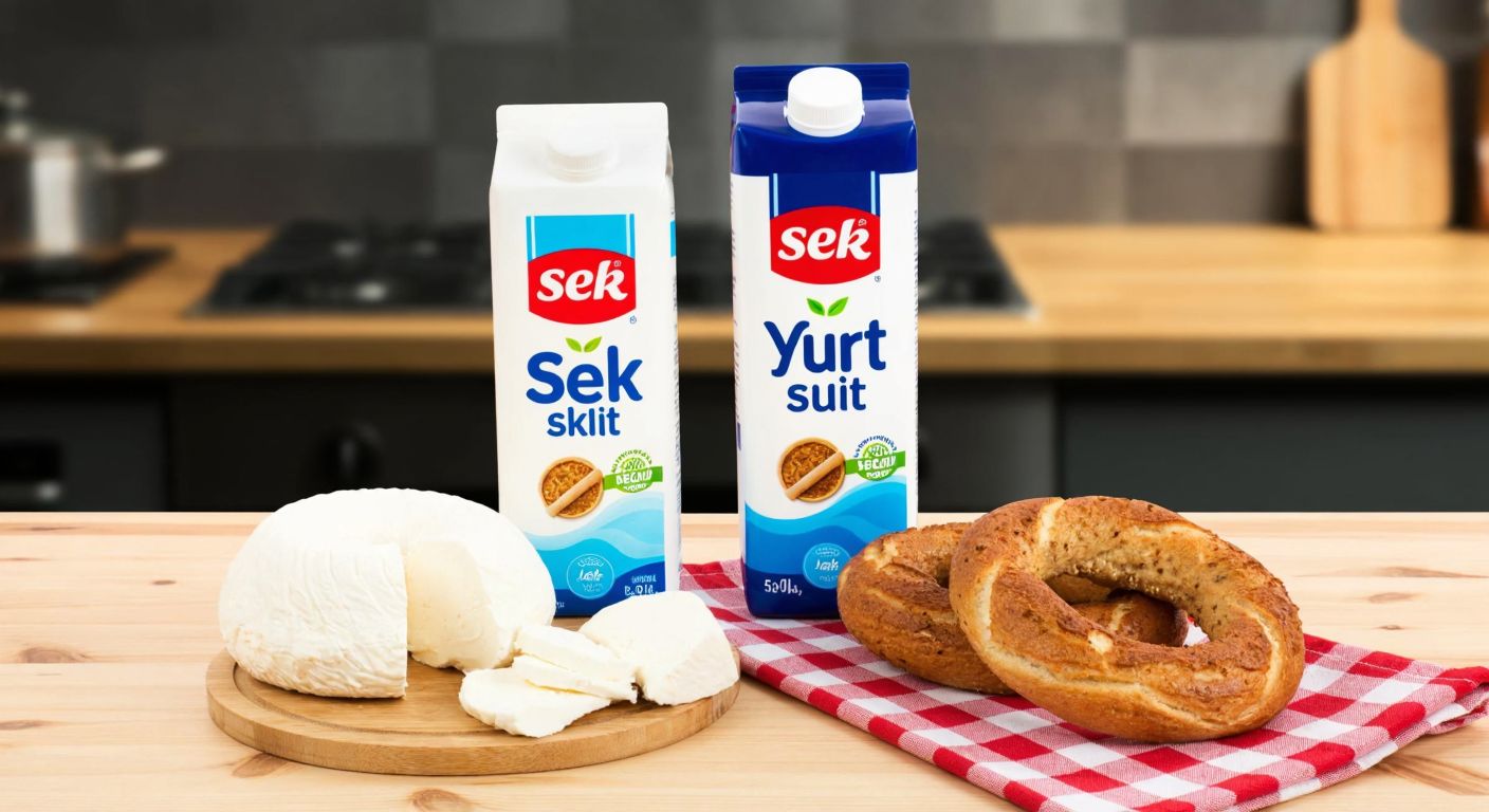 A wooden table in a Turkish kitchen with two distinct milk cartons—one labeled "SEK" with a red logo and another labeled "Yurt Süt" in blue—placed side by side, surrounded by fresh simit and white cheese on a checkered cloth.