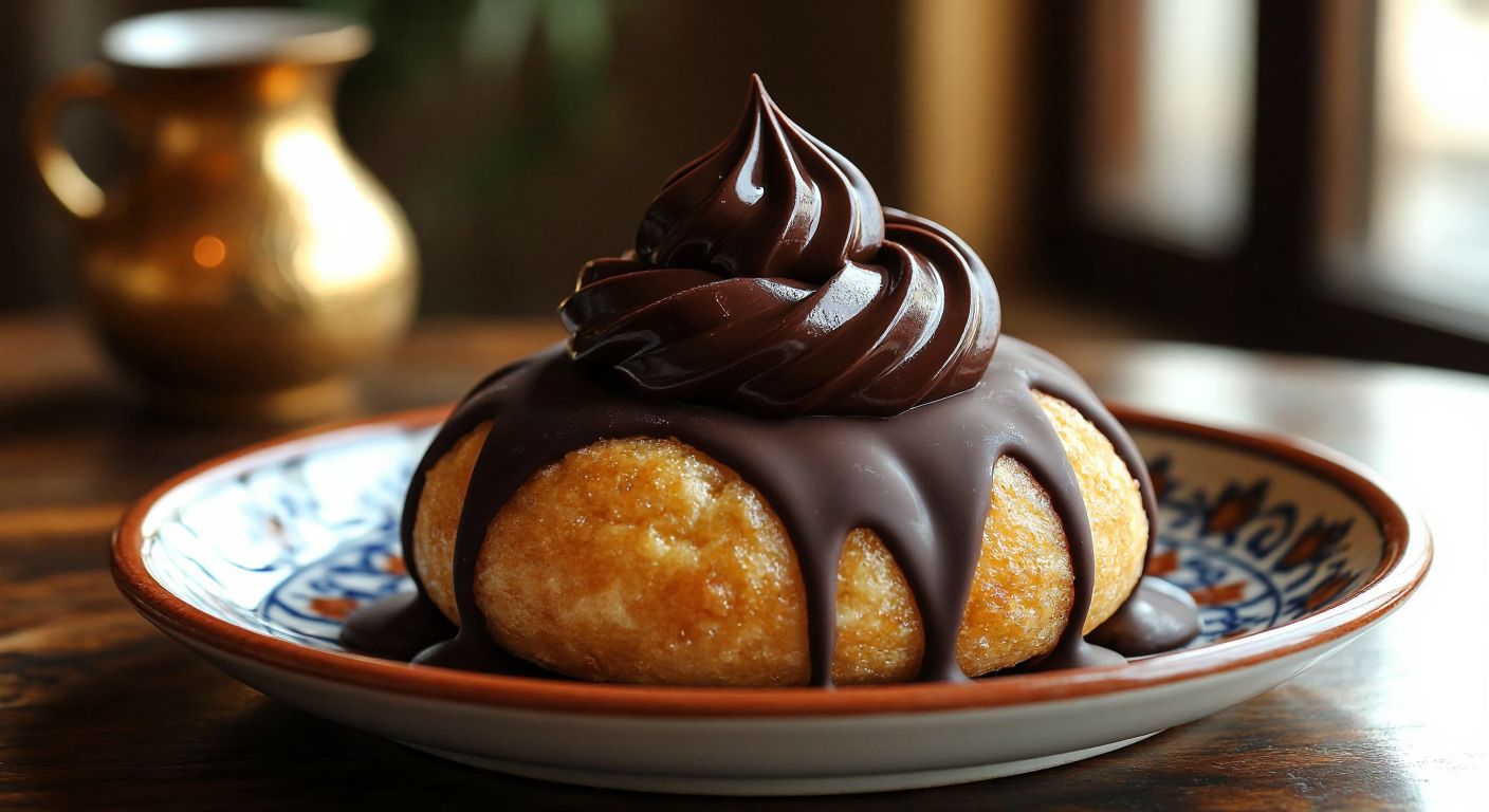 A golden, fluffy pişmaniye swirl generously coated in smooth, dark chocolate, resting on a traditional Turkish ceramic plate with a warm, inviting glow in the background.