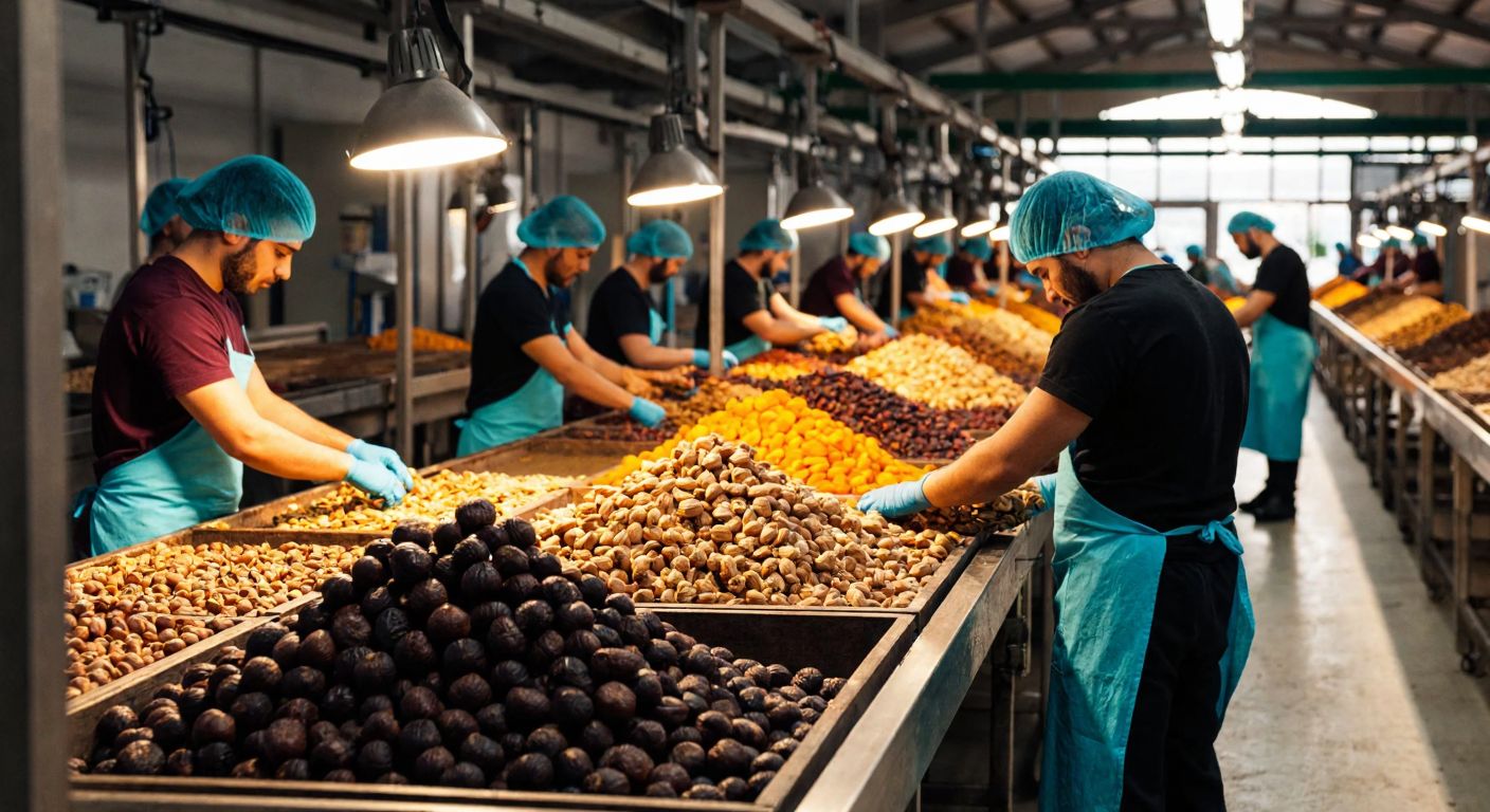 A bustling Turkish factory with workers in hairnets and uniforms sorting piles of dried figs, apricots, and hazelnuts on conveyor belts under warm golden light.