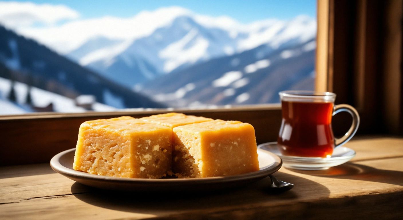A golden-brown square of Kars helva, freshly cut and glistening with melted butter, sits on a rustic wooden plate beside a steaming cup of Turkish tea, with snow-capped mountains visible through a window in the background.