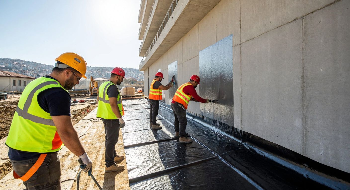 A team of Turkish construction workers in hard hats and reflective vests carefully applying waterproofing membranes to the exterior of a concrete building under a bright sun.