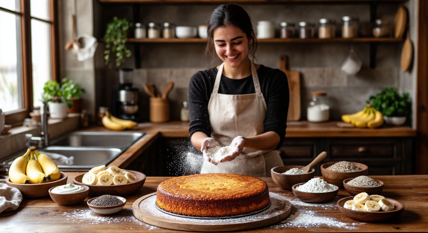 A warm Turkish kitchen with a golden-brown eggless cake cooling on a wooden table, surrounded by bowls of yogurt, mashed bananas, and chia seeds, while a smiling woman in an apron dusts flour from her hands.