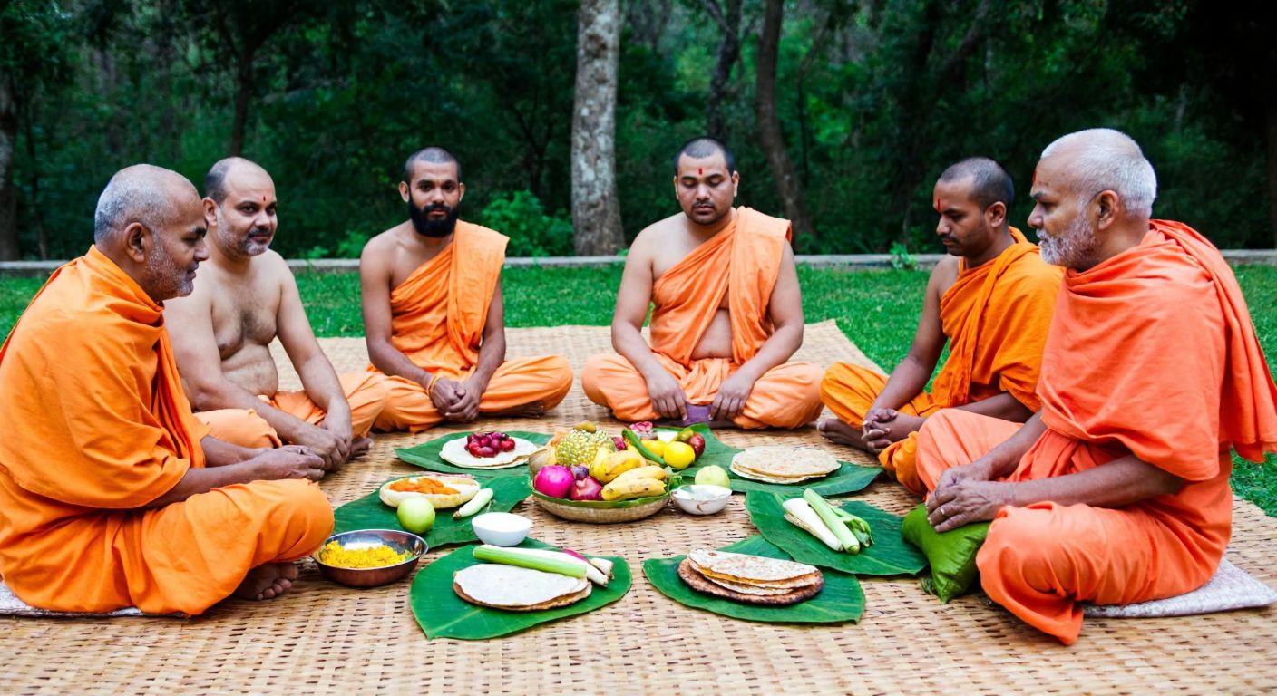 A group of Indian ascetics in simple orange robes sitting cross-legged on a woven mat, sharing a humble meal of fresh vegetables, fruits, and flatbreads arranged on banana leaves, with serene expressions and a backdrop of lush greenery.
