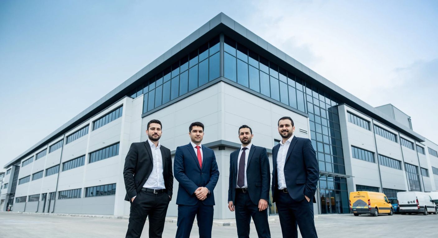 A modern industrial building in Istanbul's Dudullu Organized Industrial Zone, with three professional Turkish businessmen in suits standing confidently in front, symbolizing leadership and the company's HVAC expertise.