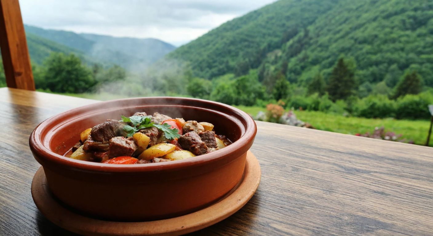 A steaming clay pot of *kapalı sote* with tender meat and vegetables, resting on a wooden table in a cozy Black Sea village home, surrounded by lush green hills and a faint mist outside the window.