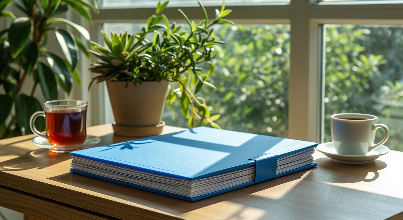 A sturdy blue plastic folder with an A5 label-free tab, neatly holding stacked papers on a wooden desk in a sunlit Turkish office, surrounded by a cup of steaming çay and a potted succulent.