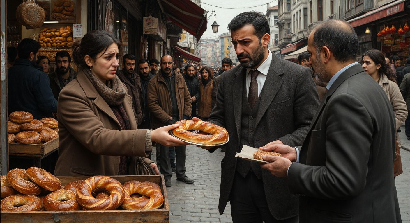 A bustling Istanbul street vendor hands a golden-brown simit to a frustrated customer while a government official in a suit observes from a distance, frowning.