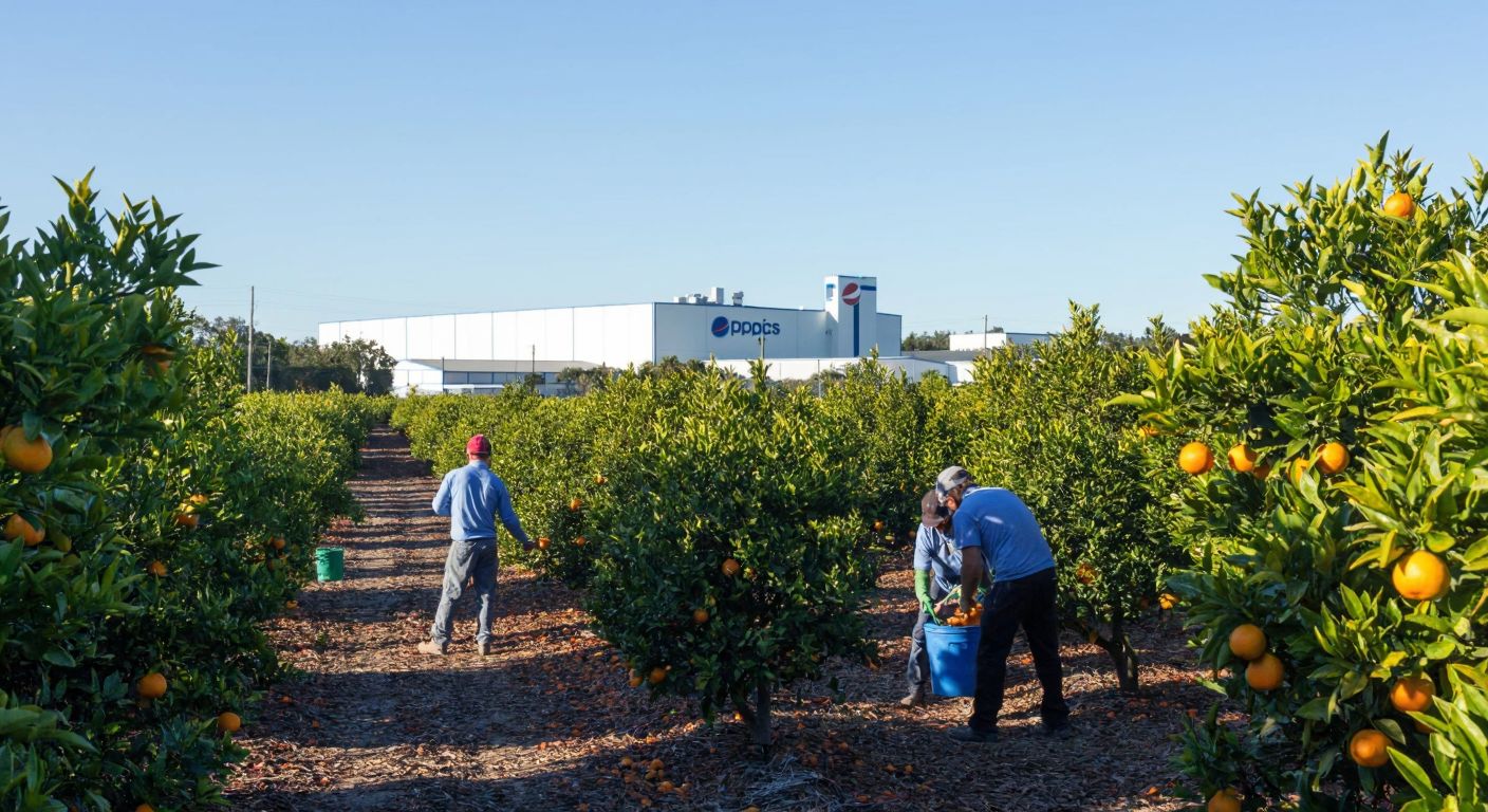 A sunlit Florida orange grove with workers harvesting ripe oranges, while a modern PepsiCo factory stands in the background under a clear blue sky.