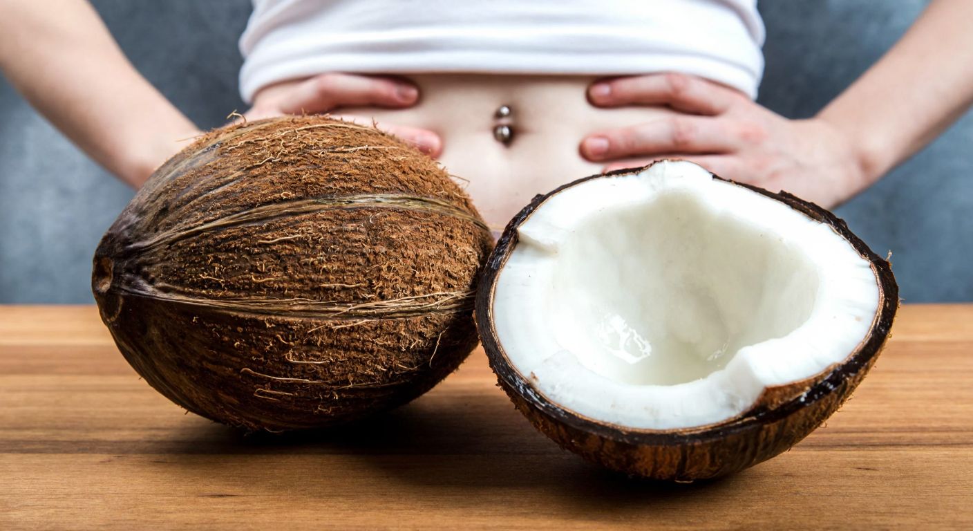 A split coconut on a wooden table, its cracked brown shell revealing discolored, moldy white flesh, with a person in the background holding their stomach in discomfort.