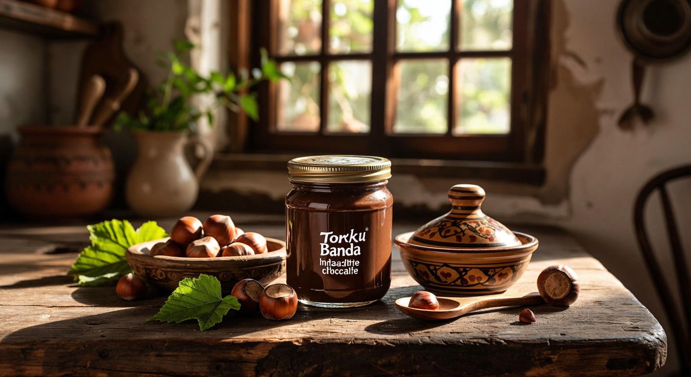 A rustic wooden table in a Turkish kitchen holds a jar of Torku Banada Bitter Chocolate Hazelnut Spread next to fresh hazelnuts and a traditional ceramic spoon, with warm sunlight streaming through a window.
