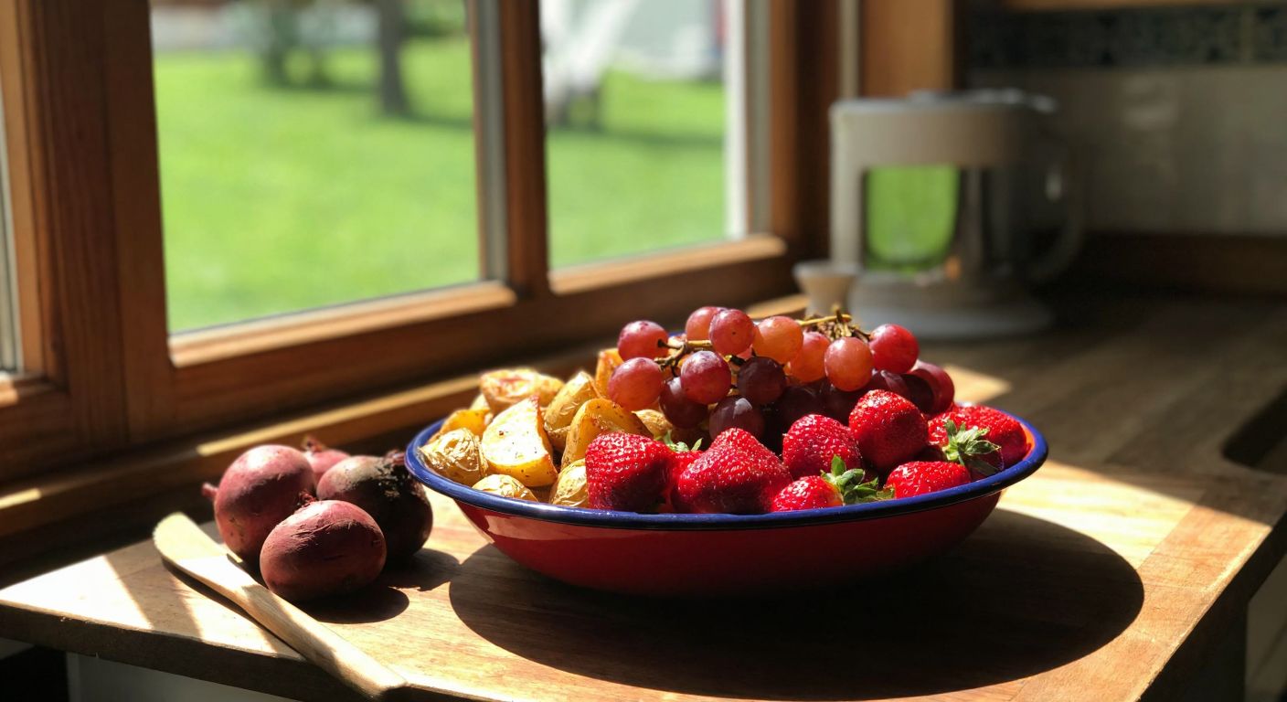 A rustic wooden table in a sunlit Turkish kitchen holds a vibrant bowl of strawberries and grapes alongside roasted beets and golden potatoes, evoking earthy warmth and nourishment.