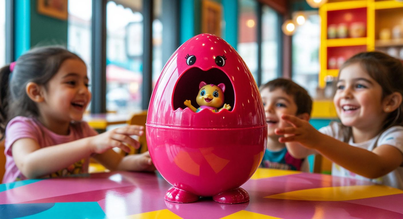 A vibrant, glossy strawberry-flavored chocolate egg with a surprise toy inside, placed on a colorful table in a Turkish café, surrounded by happy children eagerly reaching for it.