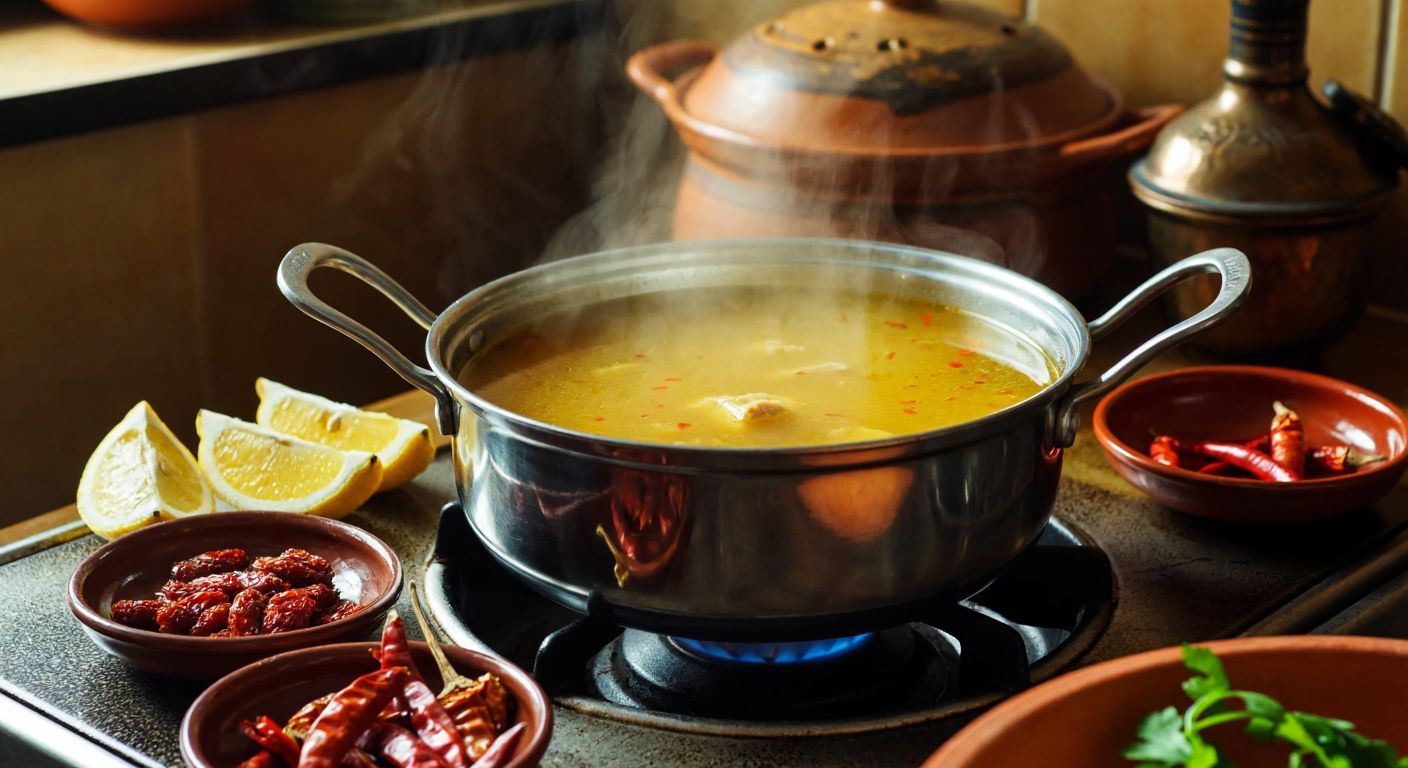 A steaming pot of golden chicken broth on a stovetop, with fresh lemon slices and dried red peppers beside it, set in a cozy Turkish kitchen with warm lighting and traditional ceramic bowls ready for serving.