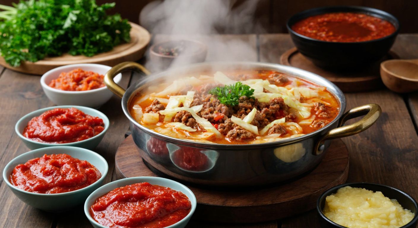 A steaming pot of kıymalı kapuska with minced meat and shredded cabbage, surrounded by small bowls of vibrant red tomato paste and dark red pepper paste, set on a rustic wooden table in a cozy Turkish kitchen.