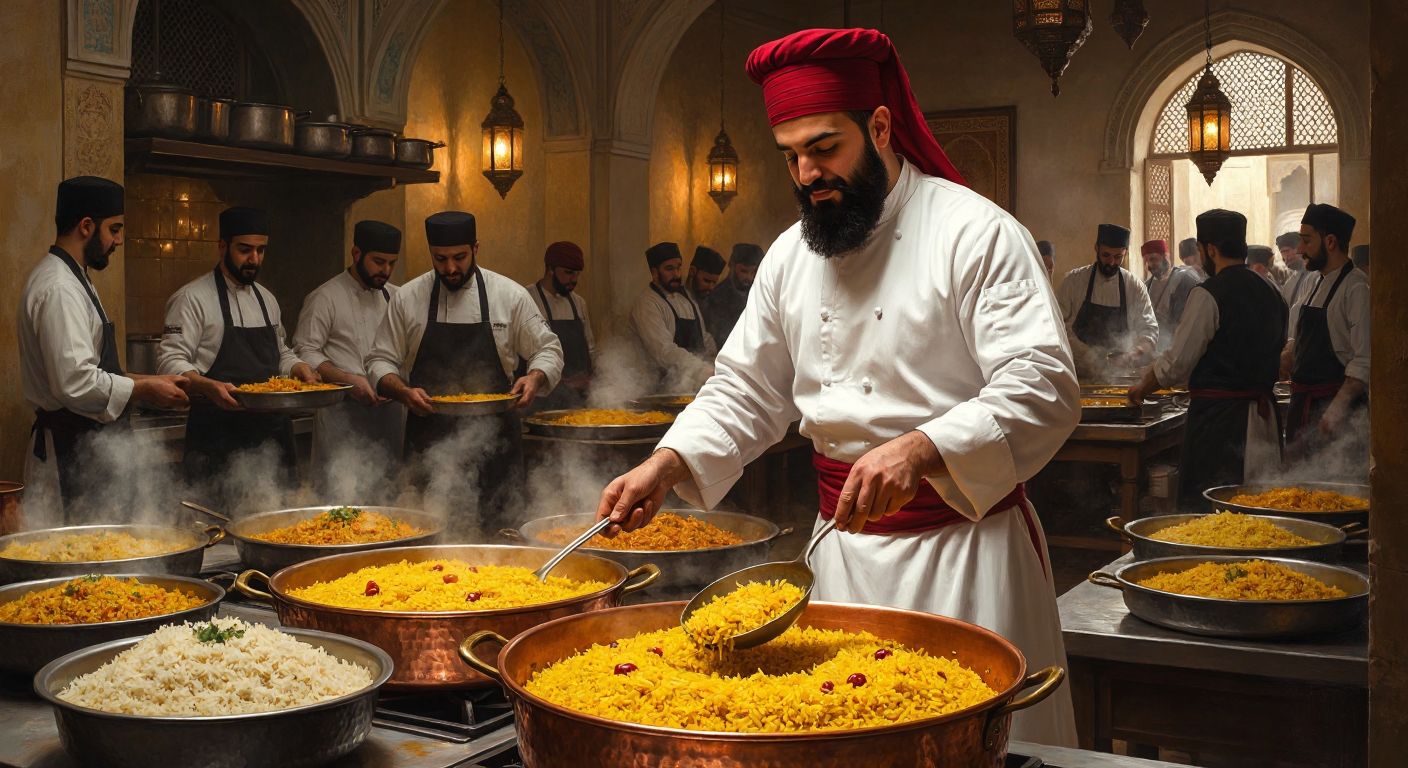 A bearded Ottoman chef in a traditional white kaftan and red fez stirs a large copper pot of golden saffron rice in a bustling palace kitchen, surrounded by steaming trays of pilaf and attentive kitchen apprentices.