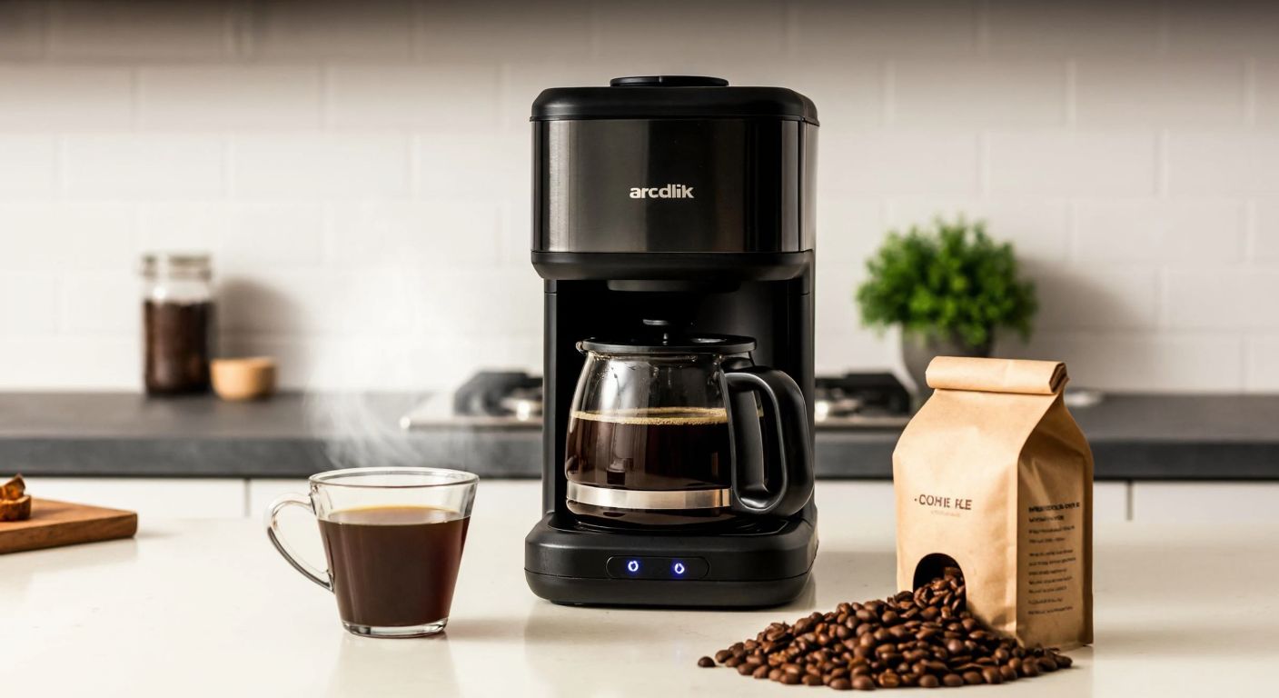 A retro-style Arçelik filter coffee machine sits on a Turkish kitchen counter, steaming freshly brewed coffee into a glass cup, with a bag of ground coffee beans beside it.