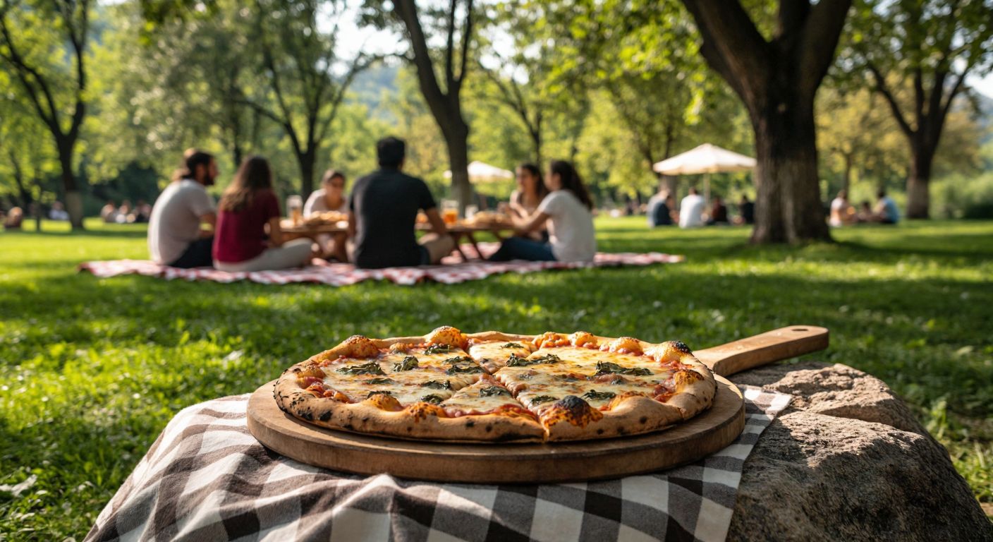 A golden-brown picnic pizza fresh out of a wood-fired oven, surrounded by a lush green park in Turkey with families enjoying outdoor meals on checkered blankets.