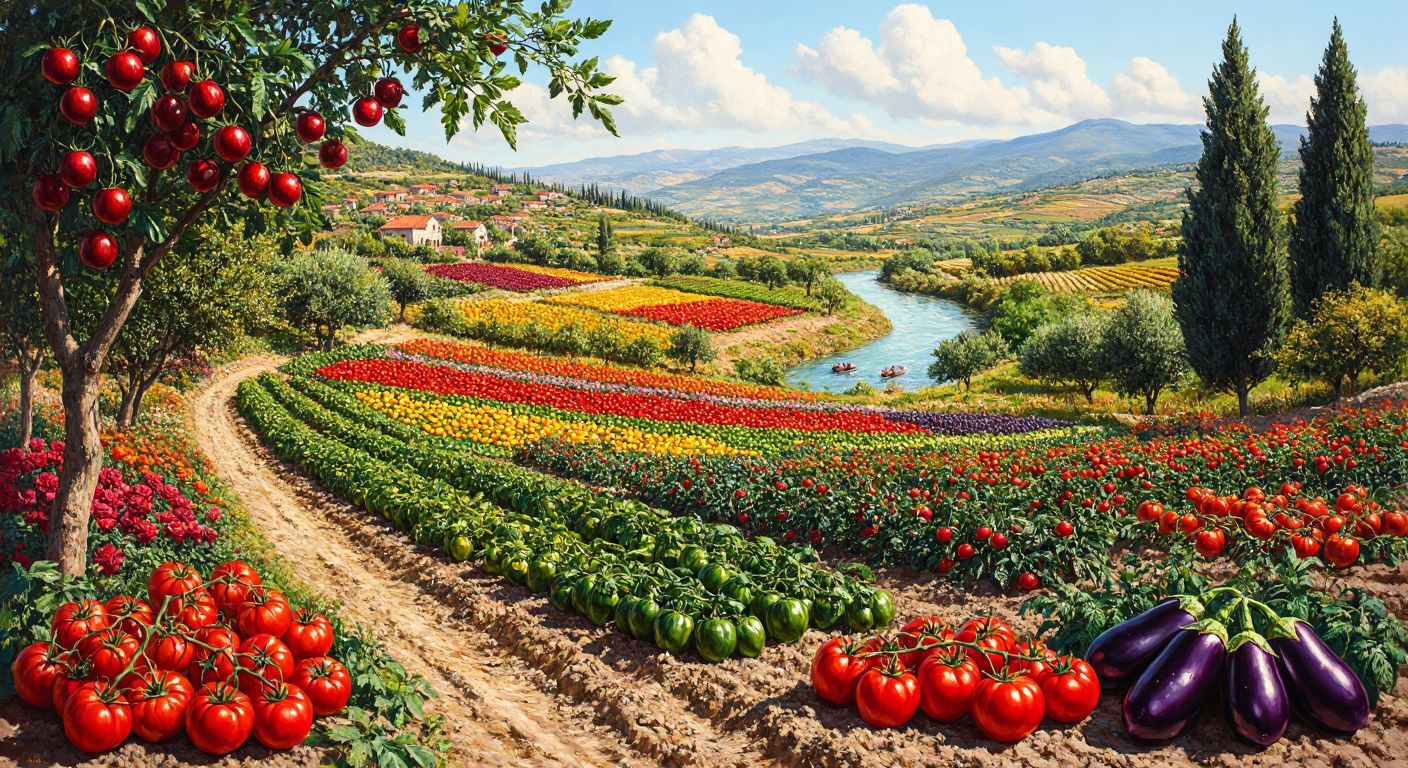 A vibrant Turkish countryside scene with lush fields of tomatoes, peppers, and eggplants, a colorful flower garden of roses and carnations, olive groves and hazelnut trees in the distance, and fishermen hauling nets by a sparkling river.
